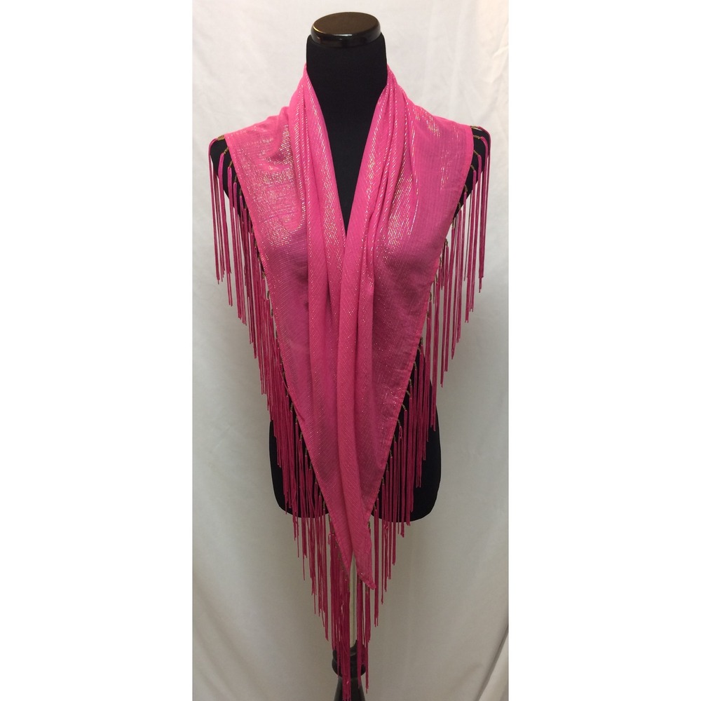 Hot Pink Metallic Pinstripe Triangle Scarf Beaded Fringe Shawl Wrap Flamenco